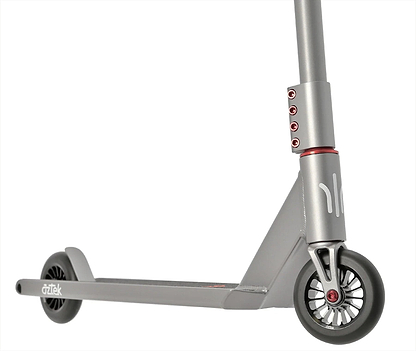 A close-up of the Aztek Architect 2 Complete Stunt Scooter in Space Grey shows the deck, wheels, and handlebars with red accents—a premium Aztek street scooter designed for tricks.