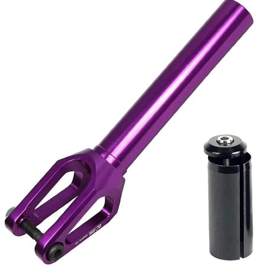 The Dare Dimension IHC Stunt Scooter Forks in metallic purple by Dare are CNC-machined aluminium with a long tube and two prongs, shown next to a black IHC compression bolt and cap set against a white background.