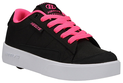 The Heelys Digilo Nylon Girls Shoes feature a black design with a white sole, pink laces, pink interior lining, and pink "Heelys" branding. Low-profile wheels in the heel let you roll smoothly in style.