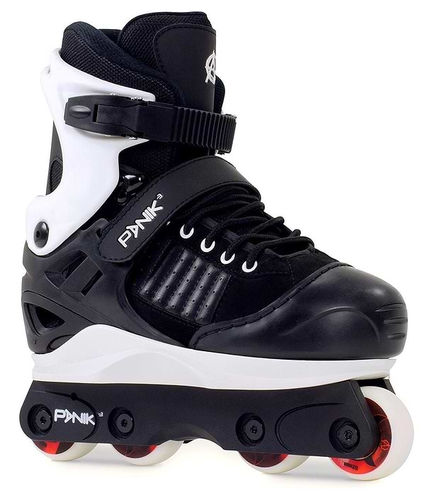 The Anarchy Panik III Adjustable Junior Aggressive Inline Skates in black offer high ankle support, secure buckle and strap, and have red and white wheels. "Anarchy" is branded on the boot and frame, showcasing a sleek design.