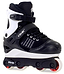 The Anarchy Panik III Adjustable Junior Aggressive Inline Skates in black offer high ankle support, secure buckle and strap, and have red and white wheels. "Anarchy" is branded on the boot and frame, showcasing a sleek design.