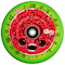 The Chubby Hollowcore 110mm Stunt Scooter Wheel - Watermelon by Chubby features a green wheel with a red watermelon slice center, cartoon eyes, an open mouth, scattered seeds, and "Chubby" on the side—perfect for stunt scooters.