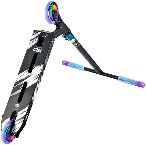 The CORE CB1 Beginner Complete Stunt Scooter by CORE features a black and white "CB1" deck, neochrome wheels, and blue-purple grips—perfect for kids starting out in freestyle scootering.