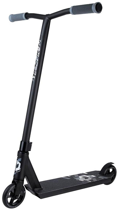 The Blazer Pro Outrun 3 Complete Stunt Scooter - Black / Black features a straight T-bar, grey grips, black wheels, and a deck with a white graphic—ideal for beginners aiming to master cool tricks.