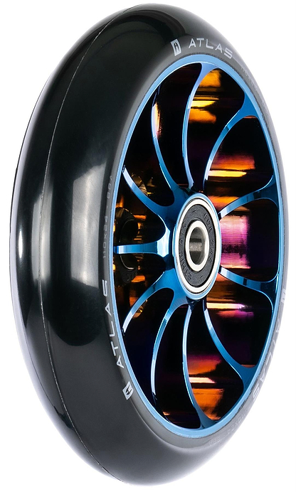 A close-up of the Ethic DTC Atlas 110mm Stunt Scooter Wheel in Chrome Blue, featuring a lightweight spoke-design blue metal core with a rainbow finish, glossy black tire, and "ATLAS" printed on the edge.