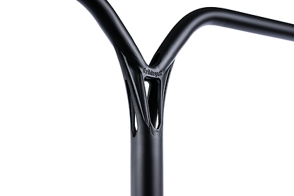 Close-up of Ethic DTC Deildegast V2 Steel Oversized HIC Stunt Scooter Bars by Ethic, in black, measuring 670mm x 600mm with a Y-shaped design and cut-out details near the joint, photographed against a white background.