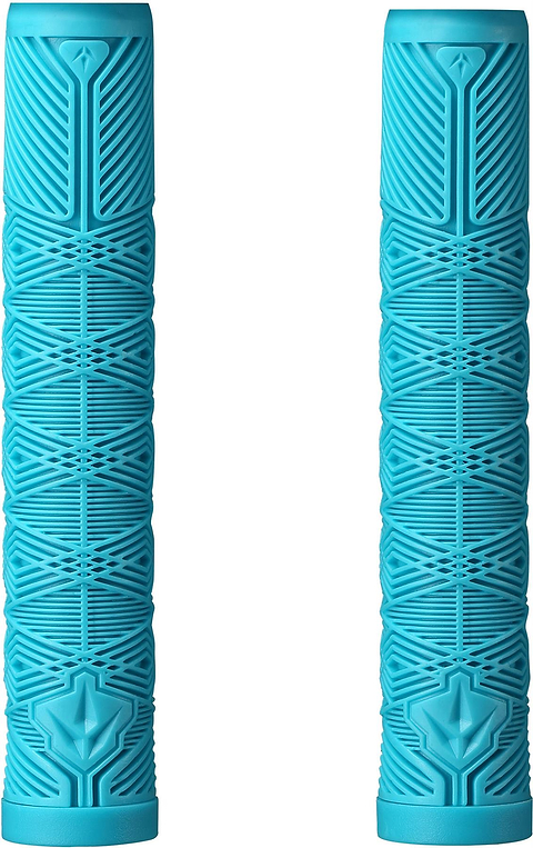 Two vibrant teal Blunt Envy V3 Stunt Scooter Grips (160mm) with textured geometric patterns and star-like end details, standing upright on a white background—ideal accessories for enhanced comfort and control.