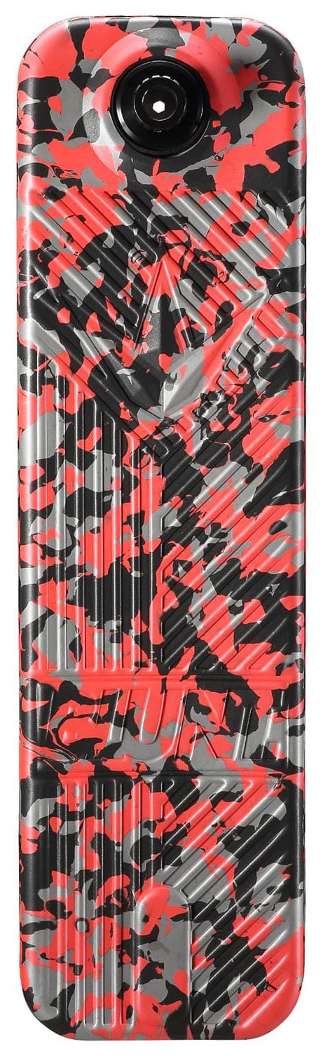 A rectangular inflatable pool float adorned with a red, black, and gray camouflage pattern. The textured surface enhances comfort, complemented by a small circular pillow at one end—ideal for lounging after an exhilarating ride on your customizable Blunt Envy TS Pro 6 Indoor Trampoline Stunt Scooter or an adventurous session.
