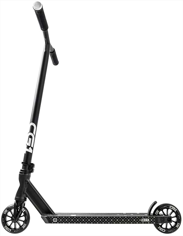 The CORE CG1 Complete Stunt Scooter by CORE, in black, features a T-bar handle, small spoked wheels, and a low textured deck, displayed on a white background.