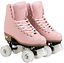 A pair of Rookie Classic 78 Quad Roller Skates - Pink by Rookie, with white wheels, pink laces, and wood-style soles, are displayed side by side on a white background.