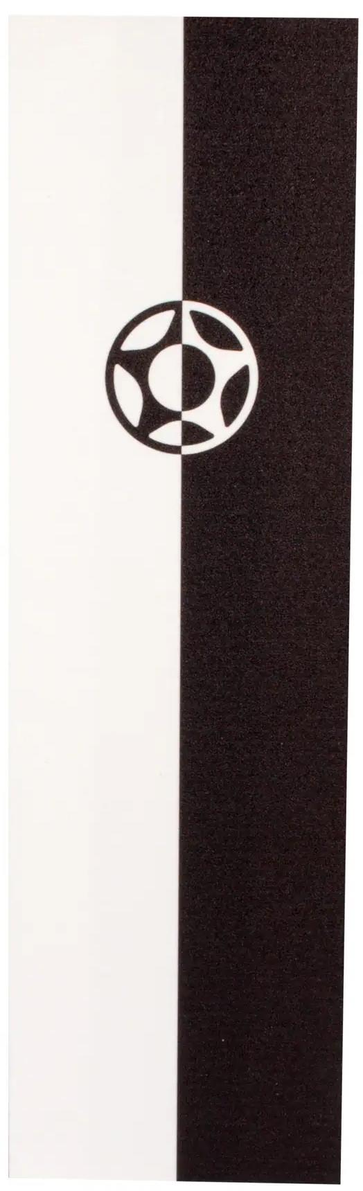 A vertical image with white on the left and black on the right, a central circle with intersecting shapes highlights the bold color split—perfectly suited for the Proto Split Star Stunt Scooter Griptape - Black by Proto.