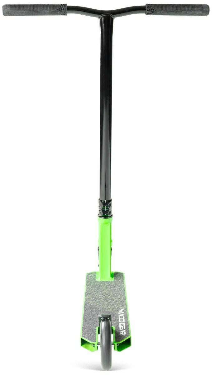 The Madd Gear Viral Purge Complete Stunt Scooter - Jade features green and black handlebars, a front wheel, and a gripped deck, all shown from the front against a plain white background.