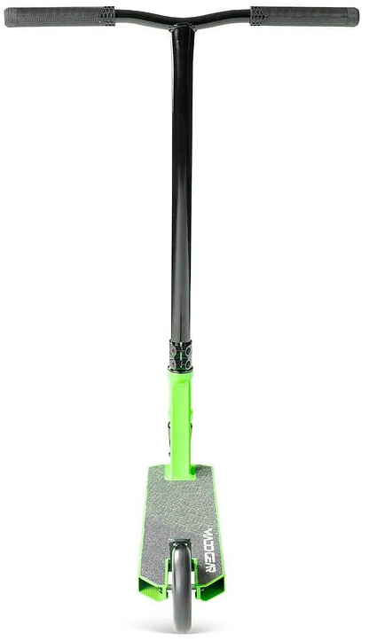 The Madd Gear Viral Purge Complete Stunt Scooter - Jade features green and black handlebars, a front wheel, and a gripped deck, all shown from the front against a plain white background.