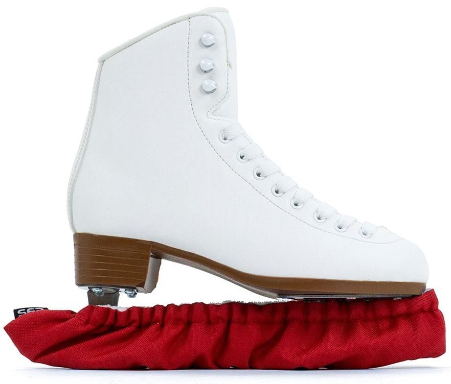 A white figure skate with a brown sole, white laces, and metal blade rests in profile facing left on an SFR Ice Skate Blade Soaker - Red.