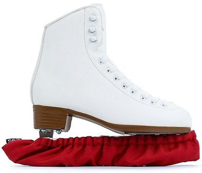 A white figure skate with a brown sole, white laces, and metal blade rests in profile facing left on an SFR Ice Skate Blade Soaker - Red.