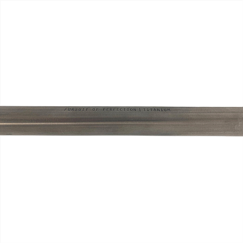 A titanium bicycle frame, engraved with "Pursuit of Perfection | Titanium," is displayed horizontally on a crisp white background, mirroring the sleek design of the Root Industries AIR Titanium Oversized HIC Stunt Scooter T-Bars.