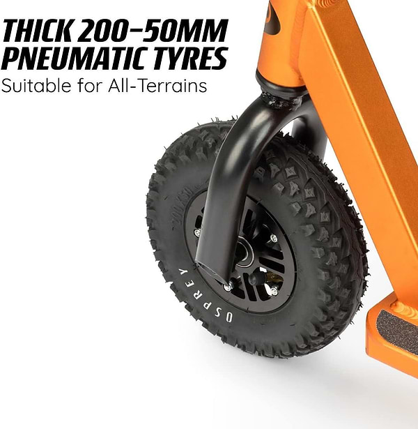 Close-up of a rugged, black pneumatic wheel on the Osprey Complete Dirt Scooter - Copper. Text above reads, "Thick 200-50mm Pneumatic Tyres by Osprey, Suitable for All-Terrains.