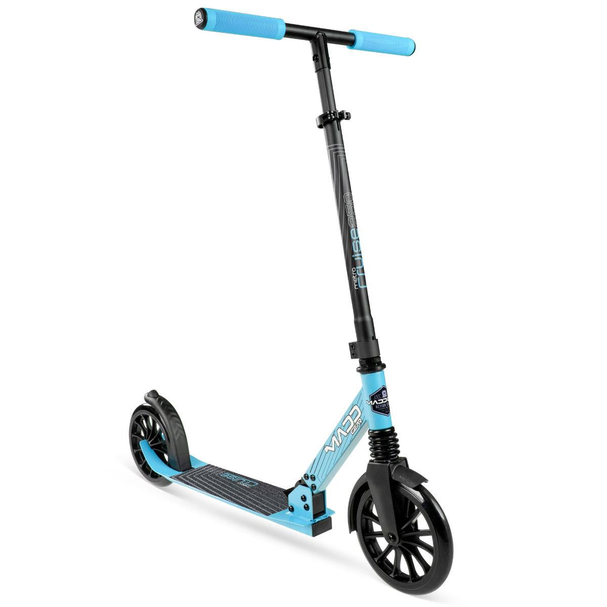 The Madd Gear Metro Cruise 250 Foldable Commuter Scooter by MGP features a black and blue design, large black wheels, adjustable handlebar with blue grips, and a textured deck—ideal for urban commuting or recreation.