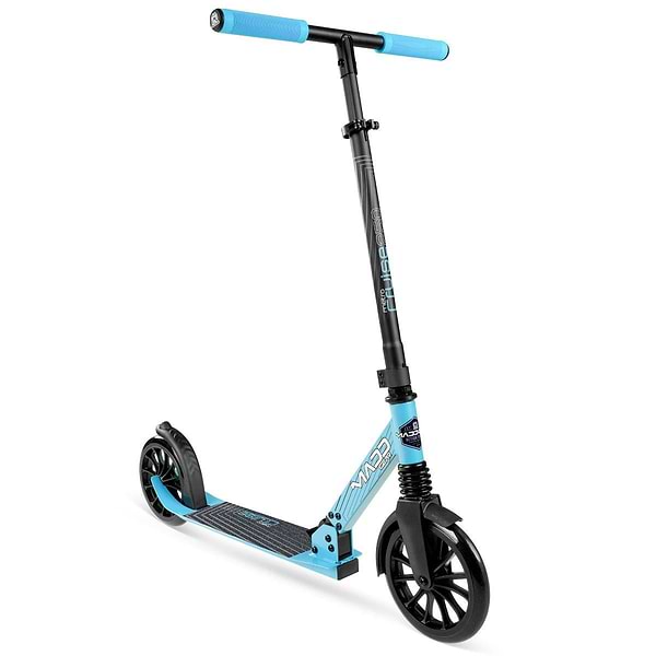 The Madd Gear Metro Cruise 250 Foldable Commuter Scooter by MGP features a black and blue design, large black wheels, adjustable handlebar with blue grips, and a textured deck—ideal for urban commuting or recreation.