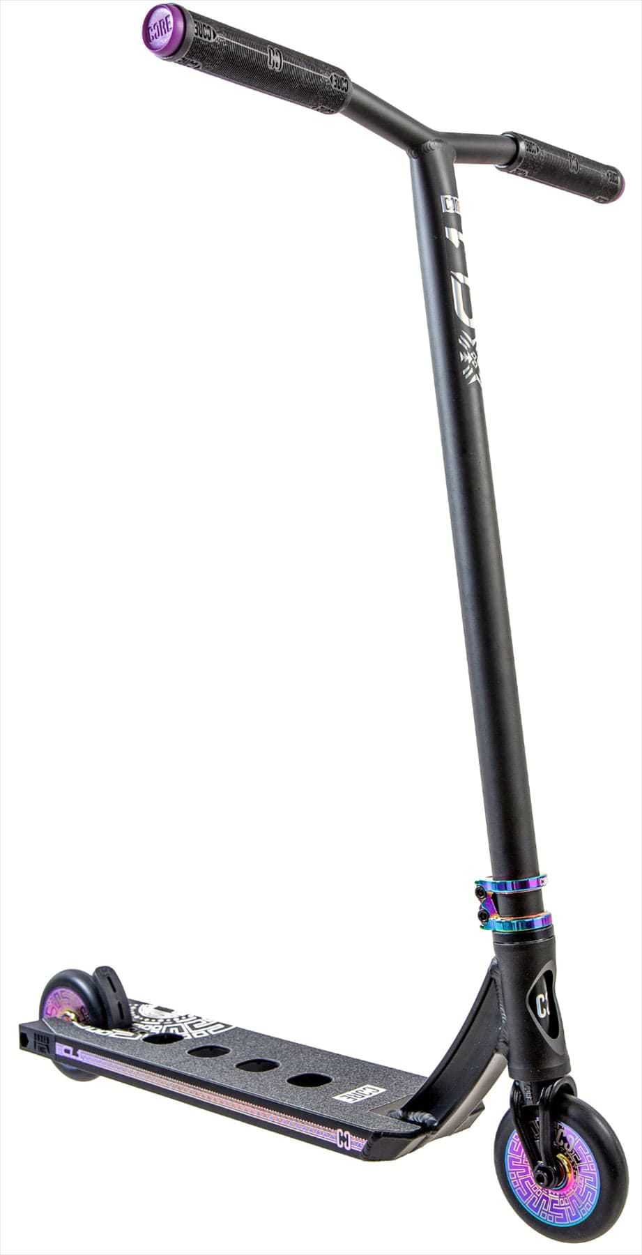 The CORE CL1 Complete Stunt Scooter by CORE in Black/Neochrome LE, featuring a textured foot deck and reinforced handlebars with purple accents, is positioned at a slight angle on a white background.
