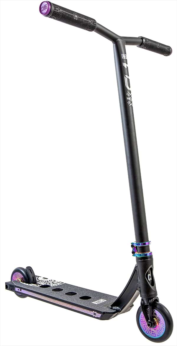 The CORE CL1 Complete Stunt Scooter by CORE in Black/Neochrome LE, featuring a textured foot deck and reinforced handlebars with purple accents, is positioned at a slight angle on a white background.