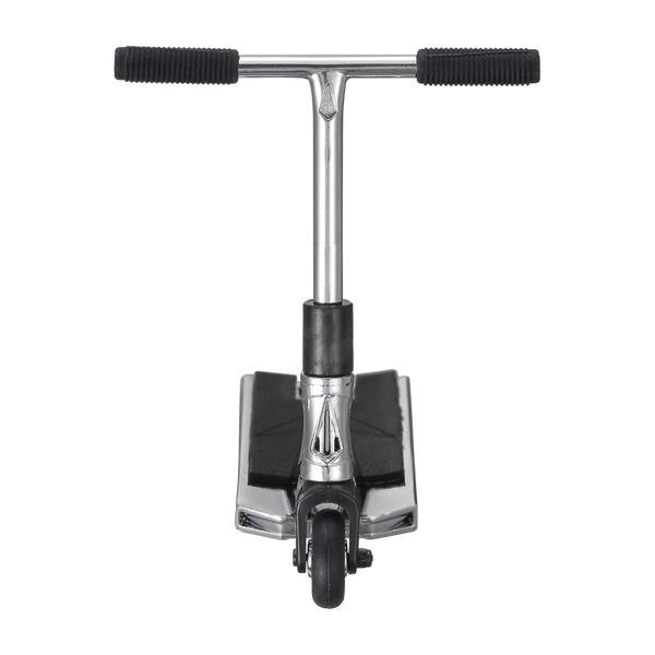 A front view of the Blunt Envy AOS V6 Finger Scooter in chrome, featuring black handlebar grips and a single black front wheel, displayed against a white background.