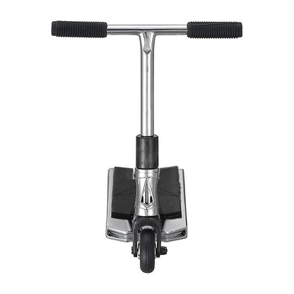 A front view of the Blunt Envy AOS V6 Finger Scooter in chrome, featuring black handlebar grips and a single black front wheel, displayed against a white background.