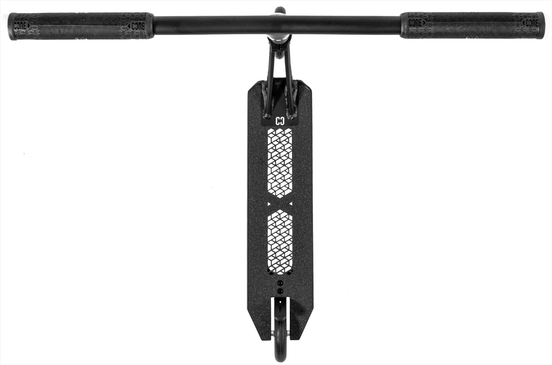 Top view of the CORE SL3 Complete Stunt Scooter by CORE, featuring a textured black foot deck, hexagonal grip design, and black handlebars, photographed on a white background.
