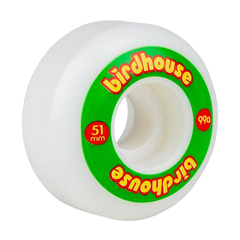 The Birdhouse Logo 51mm 99A Skateboard Wheels - Rasta feature a striking graphic design in vibrant green and red, prominently displaying the "Birdhouse" brand name in bold red lettering. Constructed from super high rebound urethane, these wheels are designed for excellent performance.