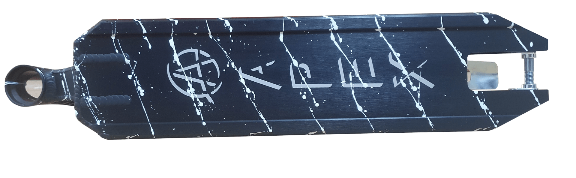 A black Apex Pro Stunt Scooter Deck with white splatter patterns and a logo, featuring an opening at one end that reveals metal components, reminiscent of the sleek design.