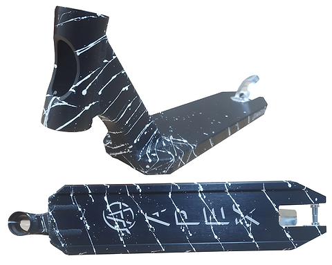 The Apex Pro Splatter Black/White Stunt Scooter Deck, measuring 4.5" x 17.5", showcases a striking black design with a white splatter pattern, available in both top and bottom views. The underside prominently displays the "KILLUX" logo. Designed for high performance, it features an angled front end and rear wheel bracket reminiscent of the Apex Pro Stunt Scooter Deck style.