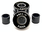 A set of four Logic ABEC 11 Black Scooter Bearings is shown, with one bearing turned to display its label. These high-performance bearings, from the brand Logic, include two cylindrical spacers positioned on each side against a white background, emphasizing their speed capabilities.
