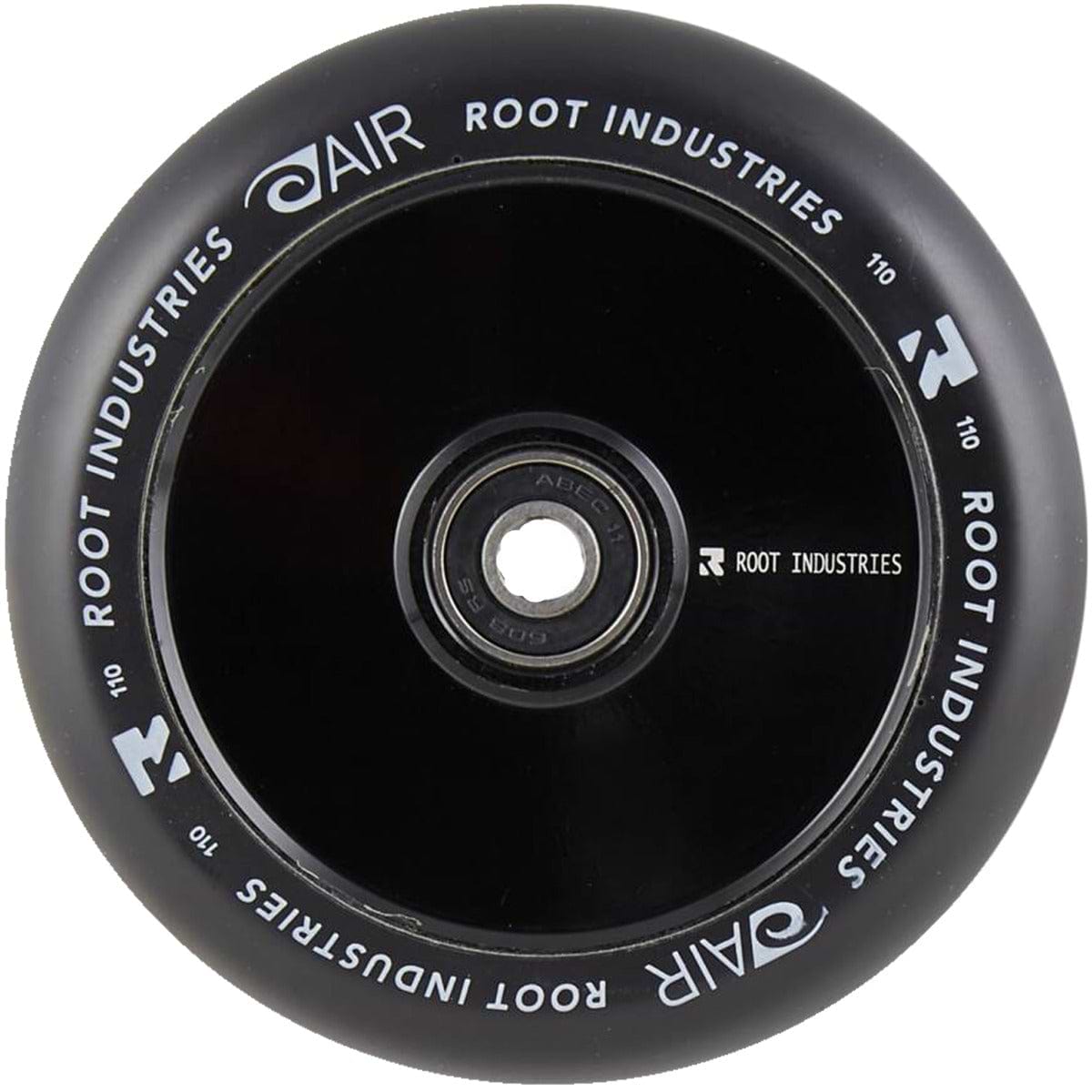 A Root Industries AIR Hollowcore 110mm stunt scooter wheel in black, branded with "Root Industries" elegantly written in white on the rim, complete with a central bearing to boost your scooter performance.