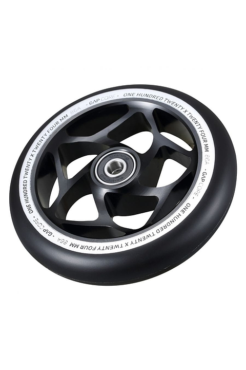 Close-up of the Blunt Envy 120mm GAP Core Stunt Scooter Wheel in black, showcasing a silver metallic core with an intricate spoke design. The outer rim features white text that reads "ONE HUNDRED TWENTY FOUR MM.