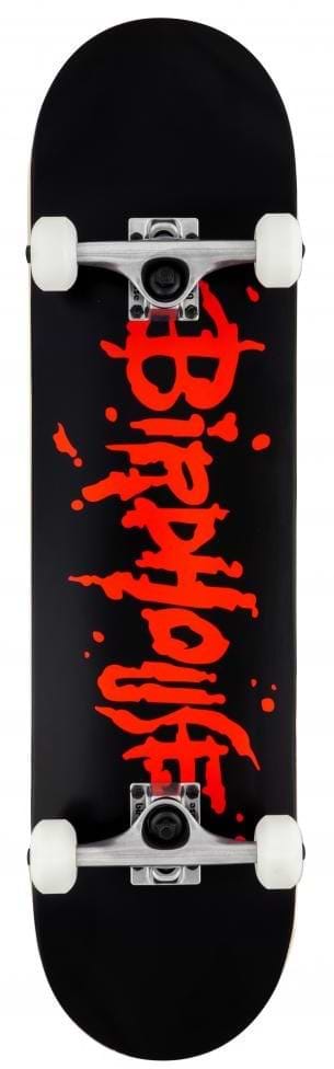 Introducing the Birdhouse Stage 1 Blood Logo Black Complete Skateboard, perfect for beginners. This sleek board, measuring 8" x 31.5", features white wheels and a bold red graffiti-style "Birdhouse" logo across its deck. It is designed for new riders seeking to make a stylish entrance into skateboarding.