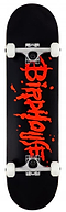 Introducing the Birdhouse Stage 1 Blood Logo Black Complete Skateboard, perfect for beginners. This sleek board, measuring 8" x 31.5", features white wheels and a bold red graffiti-style "Birdhouse" logo across its deck. It is designed for new riders seeking to make a stylish entrance into skateboarding.