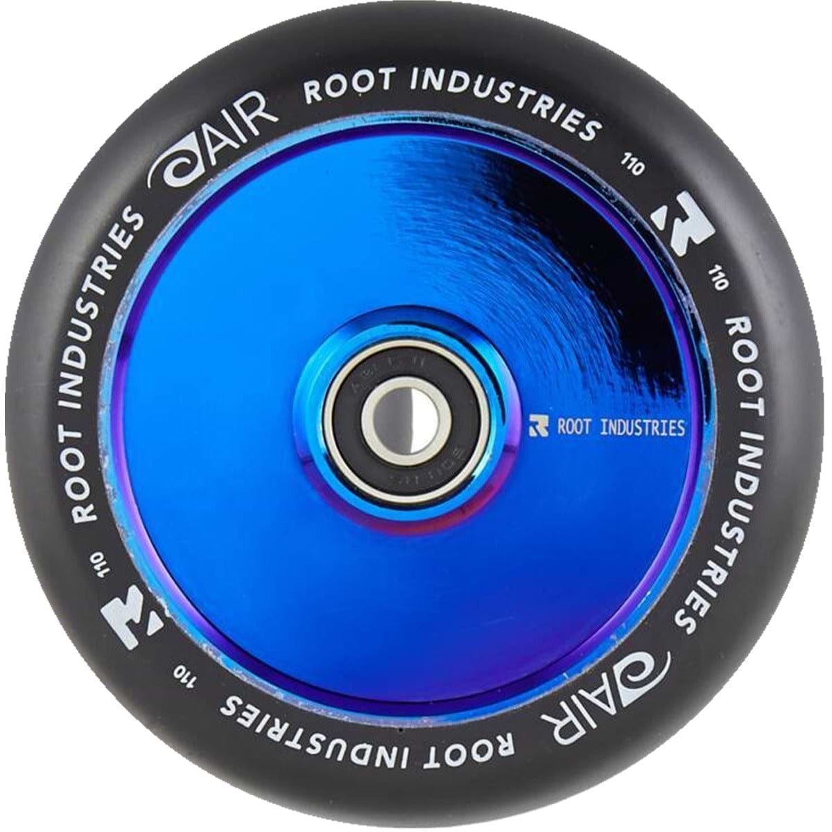 The Root Industries AIR Hollowcore 110mm Stunt Scooter Wheel in Black/Blue Ray showcases a reflective metallic center and a black outer rim. This lightweight wheel features hollowcore technology, with "Root Industries AIR 110" displayed in white along its perimeter.