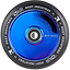 The Root Industries AIR Hollowcore 110mm Stunt Scooter Wheel in Black/Blue Ray showcases a reflective metallic center and a black outer rim. This lightweight wheel features hollowcore technology, with "Root Industries AIR 110" displayed in white along its perimeter.