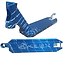 Two images of an Apex Pro Splatter Blue/White Stunt Scooter Deck measuring 4.5" x 17.5". The first displays a side view emphasizing the neck and headtube, illustrating its lightweight design. The second image shows the underside, highlighting a logo and robust geometric patterns.