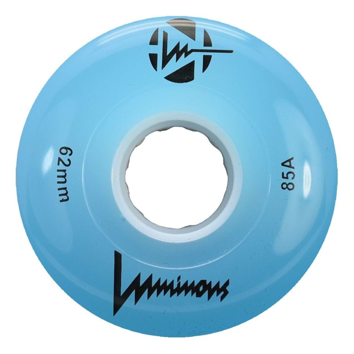 The Luminous LED 85A Quad Roller Skate Wheel in blue features a hollow center, "62mm" and "85A durometer" labels, brand name and logo on its surface—ideal for smooth skate performance.