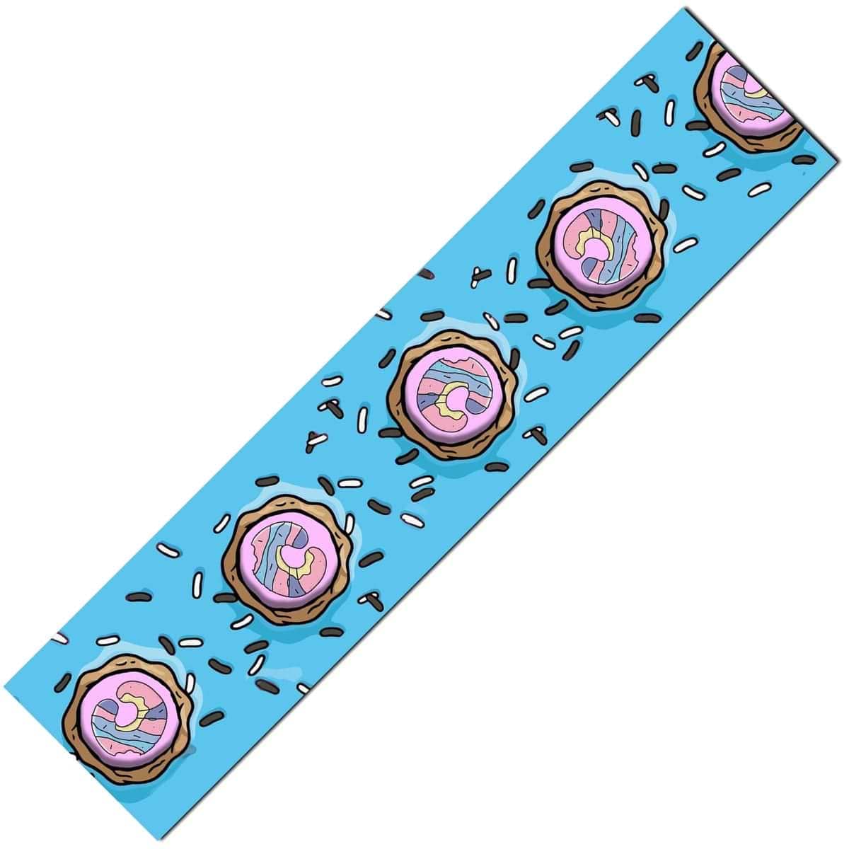 A depiction of the Chubby Stunt Scooter Griptape - Blue Doughnut showcases an original design with pink frosted donuts and white sprinkles, providing a durable and grippy feel.