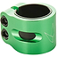 Close-up of the Blunt Envy Twin Slit 2 Bolt Oversized Scooter Clamp in green, showcasing a small cutout and an engraved geometric logo. This lightweight, cylindrical aluminum clamp with two hex screws is designed for securing components, possibly for stunt scooters or bicycles.