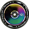 Close-up of the Blunt Envy 120mm Hollow Core Stunt Scooter Wheel in an Oil Slick Neochrome finish, highlighting its black outer rim and hollow core design. The center is engraved with "120" and "TWENTY SIX MM - 86A". This wheel features a reflective, iridescent surface for optimal performance and style.