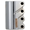 This chrome Blunt Envy Omen oversized SCS stunt scooter clamp features a sleek design and resembles the BMX bike stem clamp. It includes four black bolts on the right side, a subtle gold logo, and has a polished surface akin to high-quality clamps.