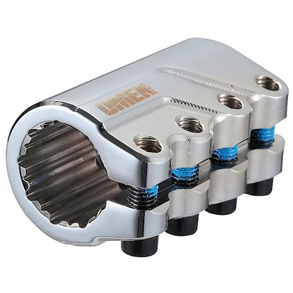 The Blunt Envy Omen 4 Bolt Oversized SCS Stunt Scooter Clamp in Chrome is a robust clamp with a hexagonal interior, featuring blue-threaded bolts and multiple holes for adjustment. Its sleek chrome finish provides a modern and durable look, making it an ideal choice for any lightweight scooter setup.