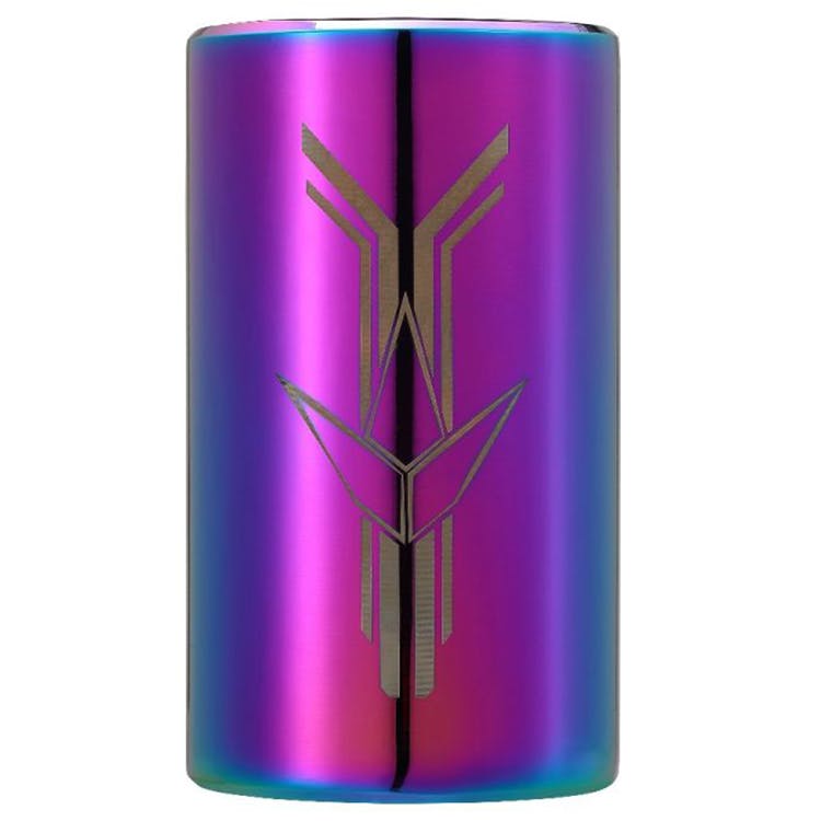 The Blunt Envy Omen 4 Bolt Oversized SCS Stunt Scooter Clamp in Oil Slick Neochrome is a cylindrical metal accessory that features an iridescent finish with hues of purple, blue, and pink. A symmetrical logo with geometric lines and arrow shapes is prominently displayed on its front. Its surface beautifully reflects light, providing a shiny look to your lightweight scooter.