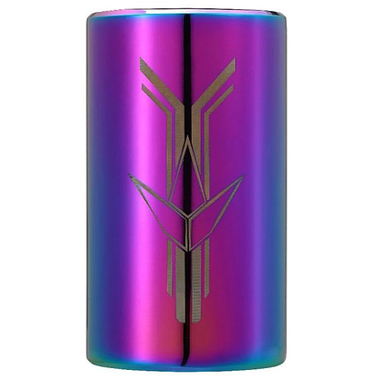 The Blunt Envy Omen 4 Bolt Oversized SCS Stunt Scooter Clamp in Oil Slick Neochrome is a cylindrical metal accessory that features an iridescent finish with hues of purple, blue, and pink. A symmetrical logo with geometric lines and arrow shapes is prominently displayed on its front. Its surface beautifully reflects light, providing a shiny look to your lightweight scooter.