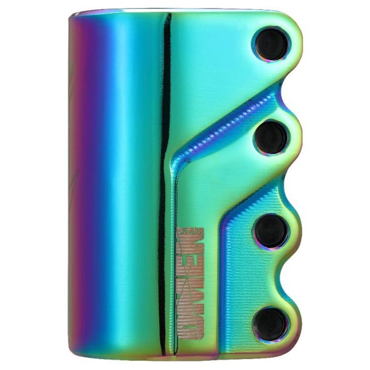 The Blunt Envy Omen 4 Bolt Oversized SCS Stunt Scooter Clamp in Oil Slick Neochrome is a vibrant iridescent metal component with a smooth surface. It features four rounded protrusions on the right side and has a lightweight design with a reflective finish that showcases a stunning array of colors, including green, blue, purple, and hints of yellow.