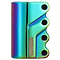 The Blunt Envy Omen 4 Bolt Oversized SCS Stunt Scooter Clamp in Oil Slick Neochrome is a vibrant iridescent metal component with a smooth surface. It features four rounded protrusions on the right side and has a lightweight design with a reflective finish that showcases a stunning array of colors, including green, blue, purple, and hints of yellow.