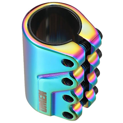 The Blunt Envy Omen 4 Bolt Oversized SCS Stunt Scooter Clamp in Oil Slick Neochrome features a rainbow-colored, cylindrical metal design with four sturdy side bolts. Its glossy finish and rugged construction make it an ideal choice for securing stunt scooter handlebars, offering enthusiasts a lightweight solution to enhance their ride.